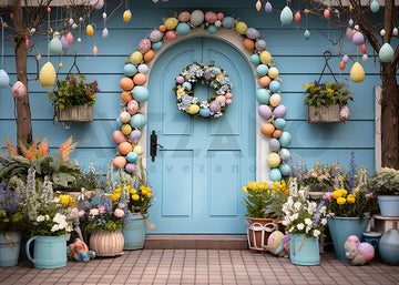 Avezano Spring Easter Blue Wooden Door and Wreath Photography Backdrop