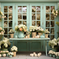 Avezano Spring Green Doors Windows and Flowers Photography Backdrop