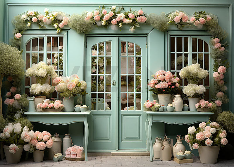 Avezano Spring Green Doors and Flowers Photography Backdrop