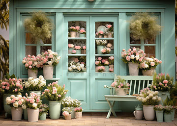 Avezano Spring Green Doors and Flowers Potted Plant Photography Backdrop