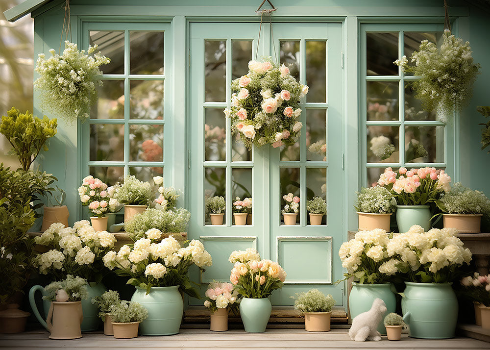 Avezano Spring Flowers Potted Green Doors and Windows 2 pcs Set Backdrop