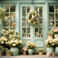 Avezano Spring Flowers Potted Green Doors and Windows 2 pcs Set Backdrop