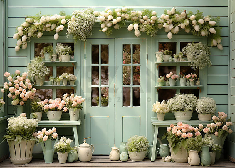 Avezano Spring Green Doors and Flower Room Potted Plant Photography Backdrop