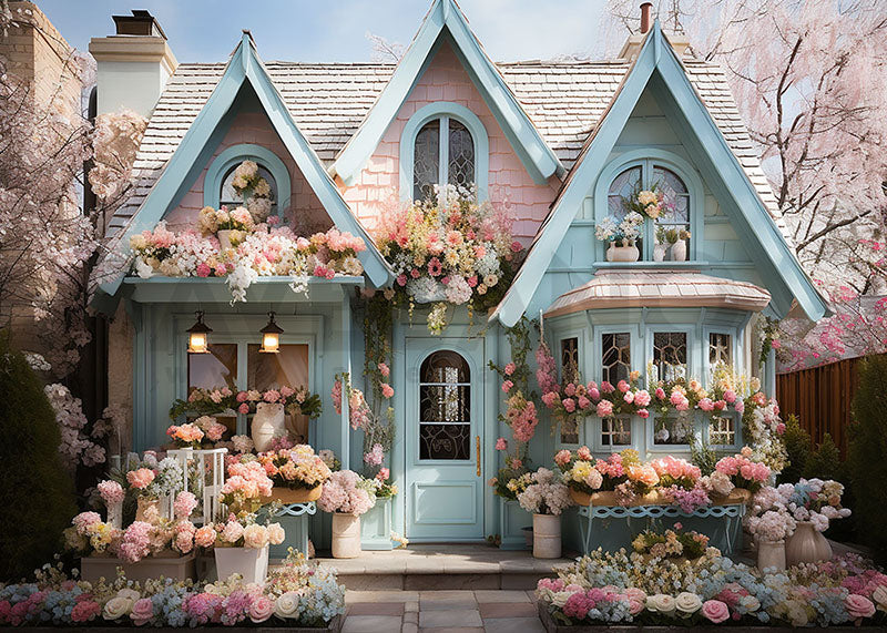 Avezano Spring Flowers Plant and Blue House Photography Backdrop