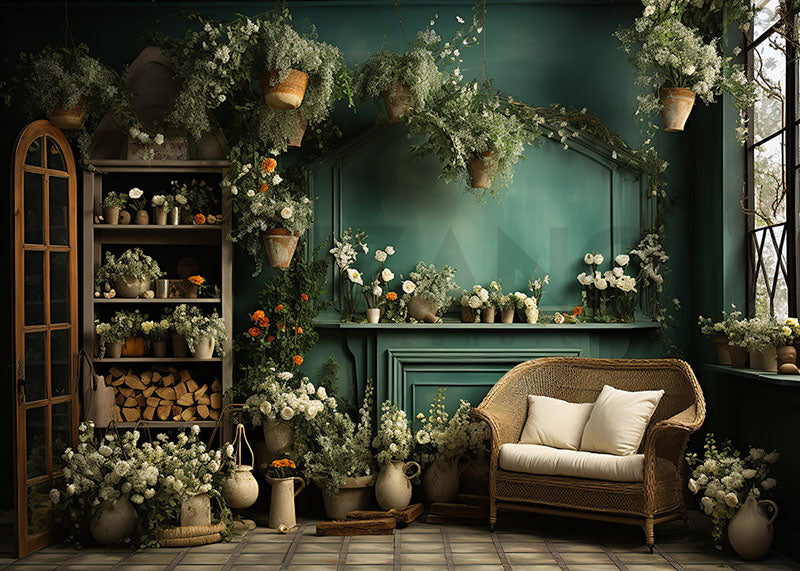 Toile de fond pour photographie de la serre verte printanière d'Avezano et de plantes en pot