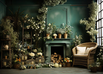Avezano Spring Green Greenhouse and Fireplace Photography Backdrop