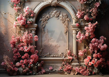 Avezano Spring Carved Walls and Pink Flowers Photography Backdrop