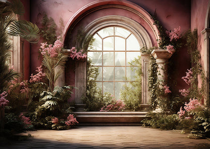 Toile de fond pour photographie de murs et de fenêtres roses printanières d'Avezano