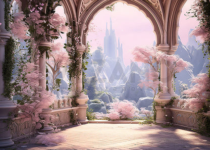 Toile de fond pour photographie de bâtiments roses printaniers d'Avezano