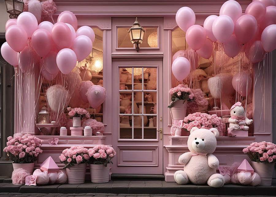 Avezano Valentine's Day Bear and Pink House Photography Backdrop