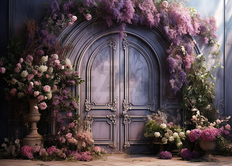 Avezano Spring Purple Flower and Door Photography Backdrop