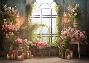 Avezano Spring Pink Flower Room and Windows Photography Backdrop