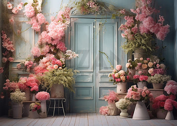 Avezano Spring Pink Flower and Green Door Photography Backdrop