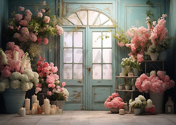 Avezano Spring Flower Room and Green Door Photography Backdrop