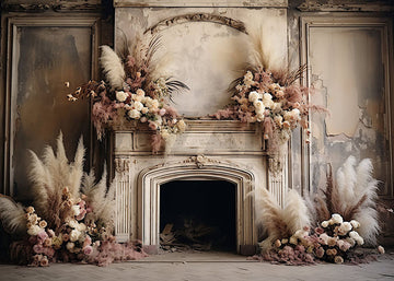 Avezano Spring Retro Fireplace and Flower Photography Backdrop