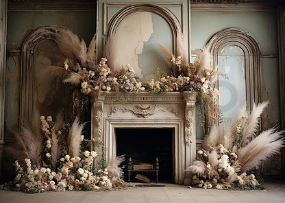 Toile de fond pour photographie de printemps rétro avec mur brisé et fleurs d'Avezano