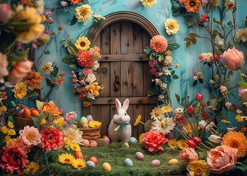 Avezano Easter Flowers and Wooden Door Photography Backdrop