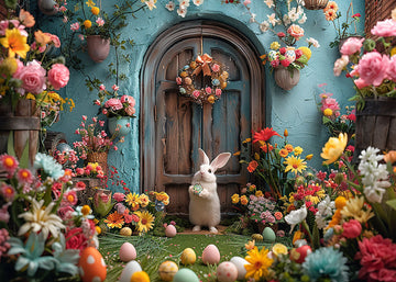 Avezano Easter Flowers Bunny and Eggs Blue Wall Photography Backdrop