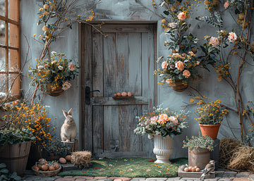 Avezano Easter Potted Flowers and Wooden Door Photography Backdrop