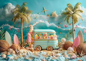 Avezano Summer Wave Shells and Ice Cream Truck Photography Backdrop
