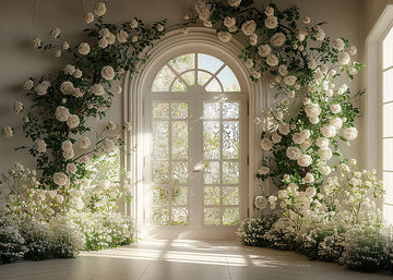 Avezano Spring white Door and Flowers Photography Backdrop