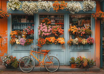 Avezano Spring Blue Shop Flowers and Bicycle Photography Backdrop