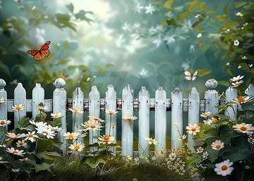 Avezano Spring White Fence and Butterflies Photography Backdrop