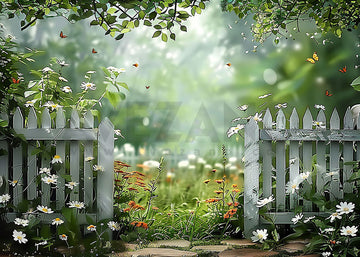Avezano Spring Green Leaves Fence and Butterflies Photography Backdrop
