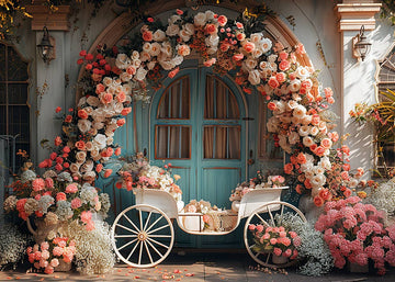 Avezano Spring Blue Wooden Door and Flower Arch Photography Backdrop