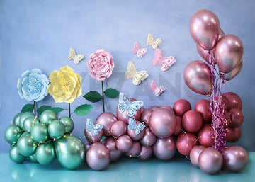 Avezano Balloons and Paper Cut Flowers Butterflies Party Photography Background