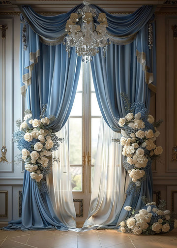 Avezano Spring Wedding White Flowers and Blue Curtains Photography Backdrop