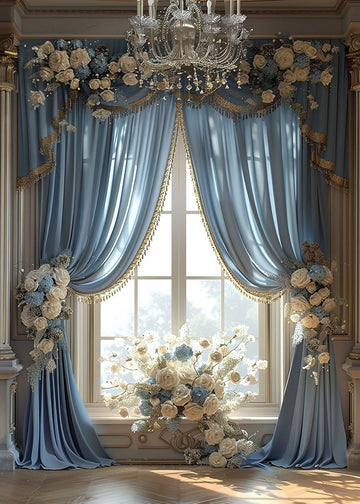 Avezano Spring Wedding White Flowers and Blue Curtains Window Photography Backdrop