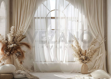 Avezano Bohemian White Curtains and Decorative Flowers Photography Backdrop