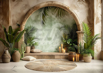 Avezano Bohemian Arch Wall and Green Plants  Decorate Photography Backdrop
