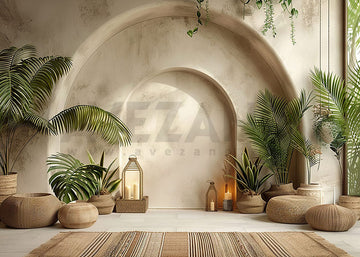 Avezano Bohemian Arch Wall and Green Plants Leaf Photography Backdrop