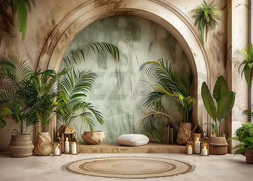 Avezano Bohemian Arch Wall and Green leaf Potted Plants Photography Backdrop