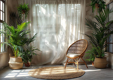 Avezano Morning Sunshine Bohemian Chair and Potted Plants Photography Backdrop