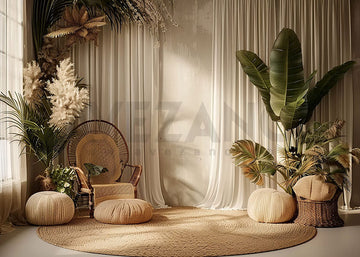 Avezano Bohemian White Window Screen and Potted Plants Photography Backdrop
