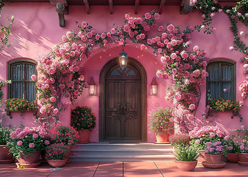 Avezano Spring Pink Wall and Potted Flowers Door Photography Backdrop