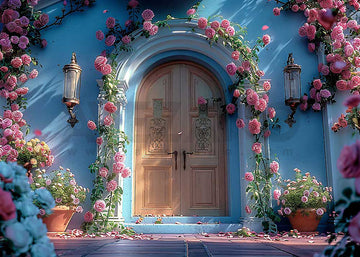 Avezano Spring Blue Wall and Pink Rose Door Window Photography Backdrop