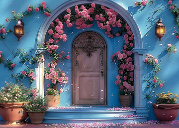 Avezano Spring Blue Wall and Flower Arch Door Window Photography Backdrop