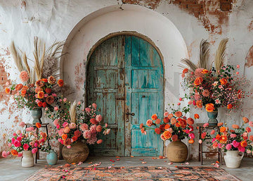 Avezano Spring Orange Flowers and Blue Door Photography Backdrop