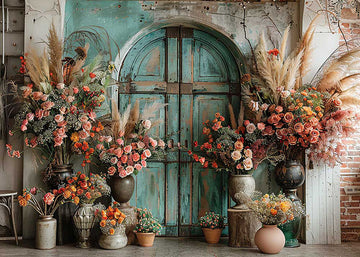 Avezano Spring Flowers and Blue Old Door Photography Backdrop