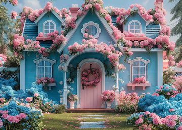 Avezano Spring Blue House and Flowers Photography Backdrop