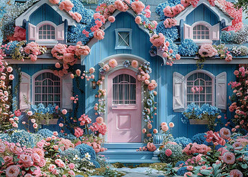 Avezano Spring Blue House and Pink Flowers Photography Backdrop