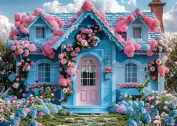 Avezano Spring Blue House and Pink Door Photography Backdrop