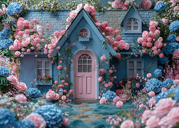 Avezano Spring Pink Blue Roses and House Photography Backdrop