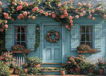 Avezano Spring Blue House Full of Flowers Photography Backdrop