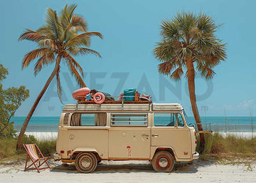 Avezano Summer Beach Travel Truck and Coconut Trees Photography Backdrop