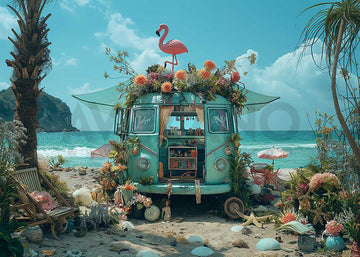 Avezano Summer Beach Campervan and Flamingos Photography Backdrop